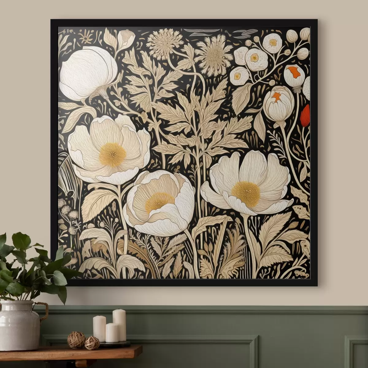 Poster Cremefarbene Blumen und Gräser auf schwarzem Hintergrund f45816
