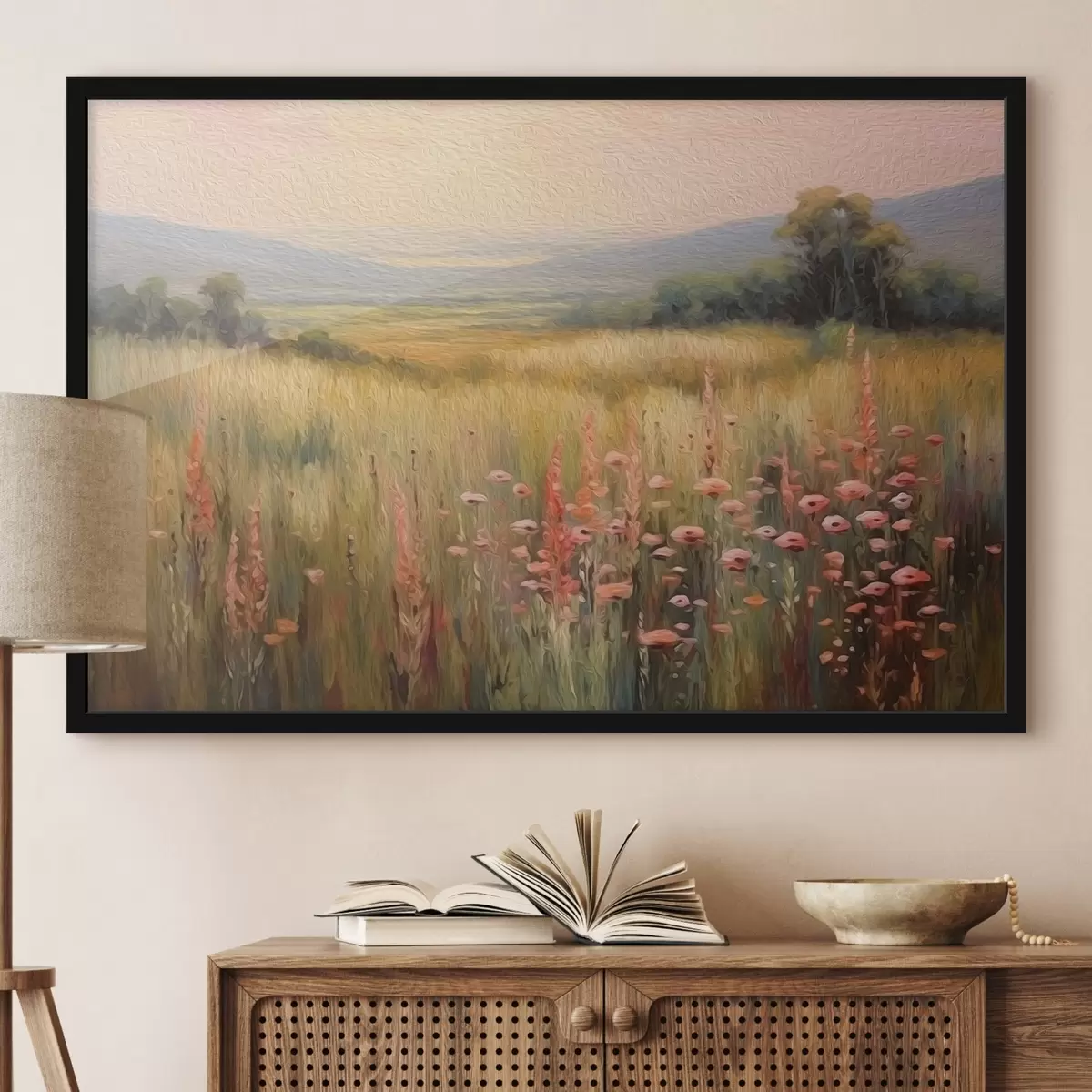 Poster Feldlandschaft mit Blumen bei Sonnenuntergang f45818
