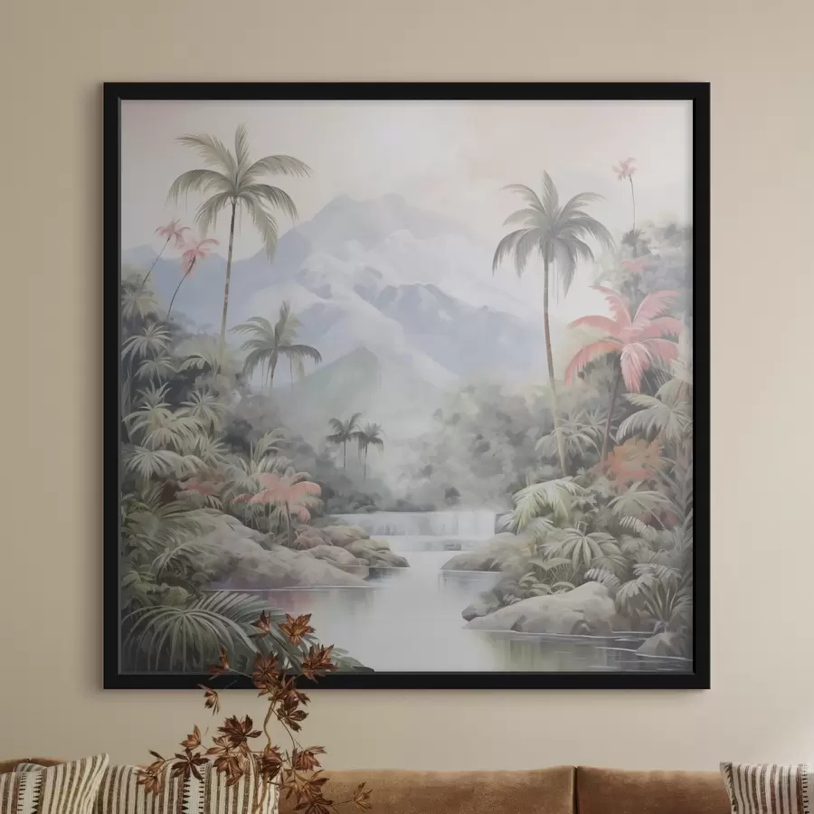 Fototapete Fluss im tropischen Wald vor Bergen f45913