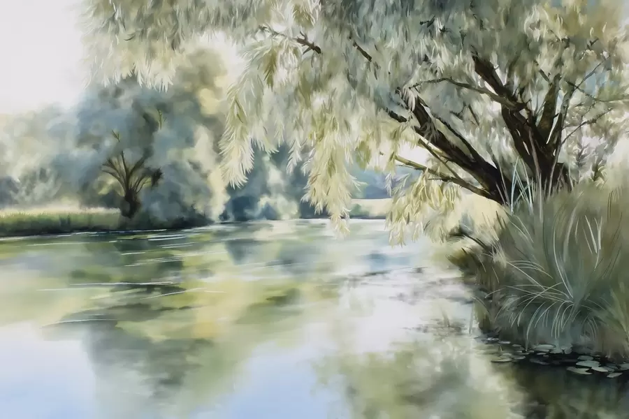 Fototapete baum im Aquarellstil über dem See w04501