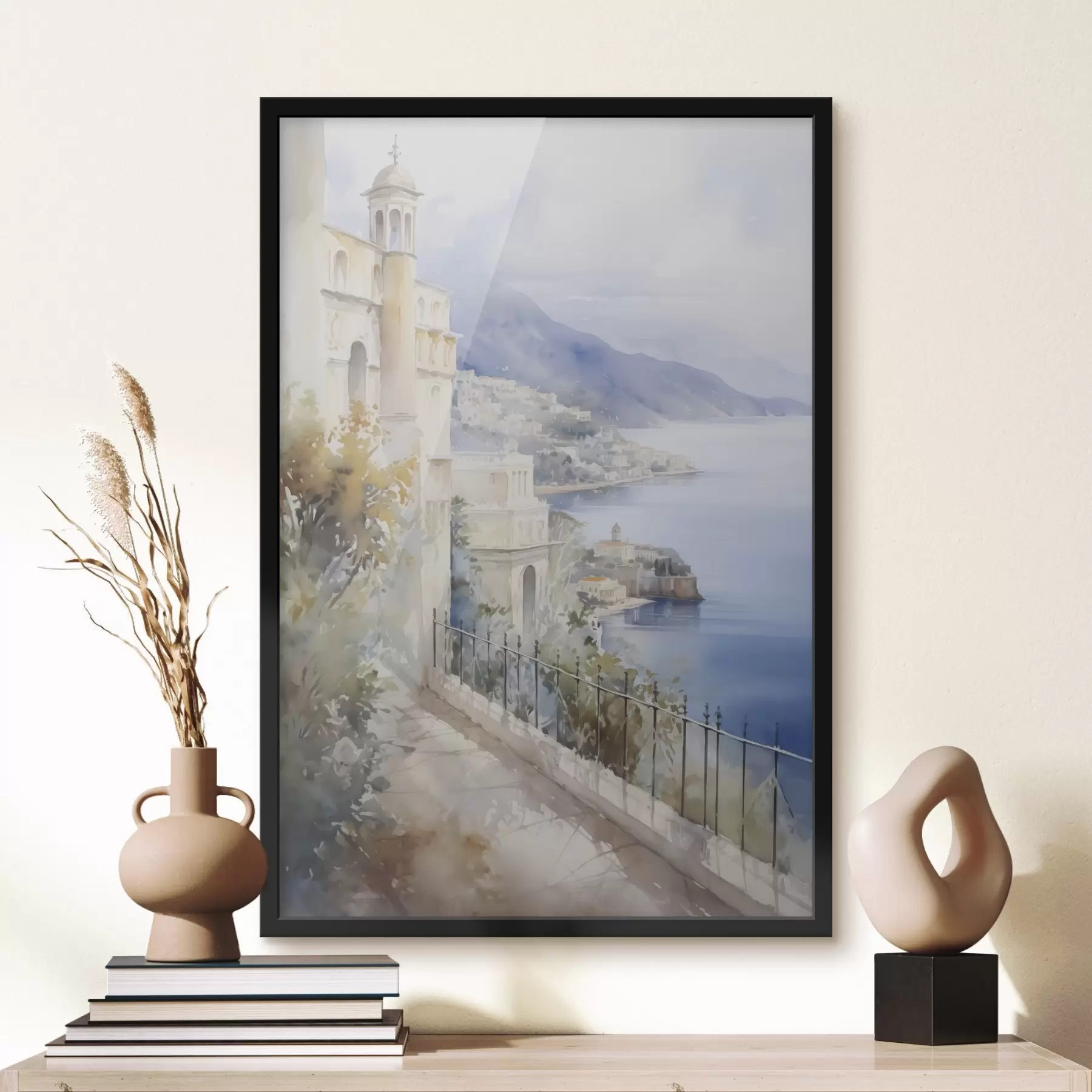 Fototapete Bucht in der Nähe der Stadt, Aquarellimitation f45979