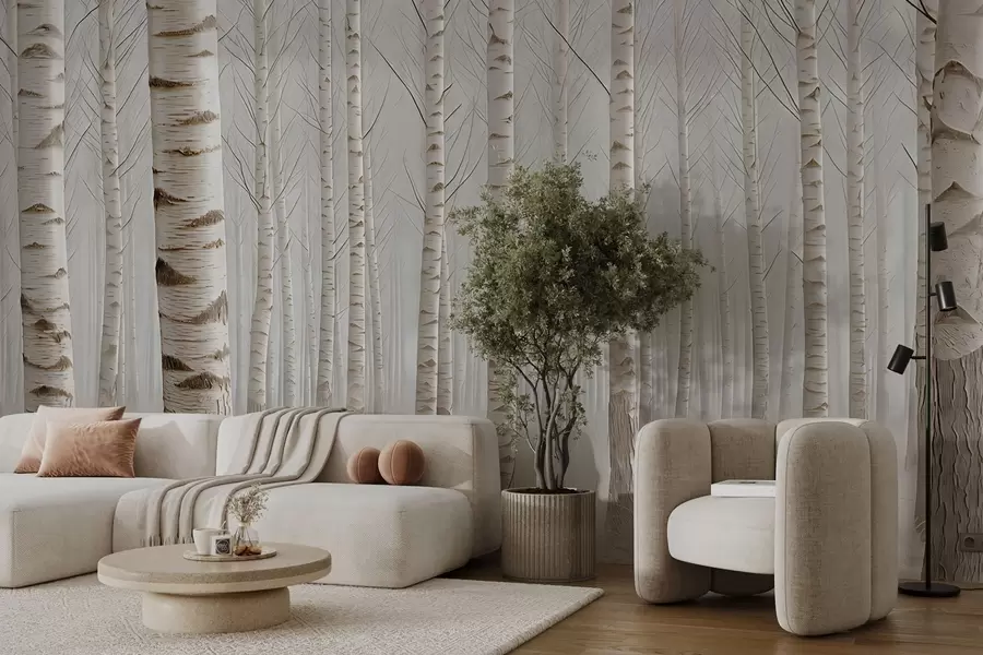 Fototapete Birkenwald im Nebel, leichter Minimalismus w04574