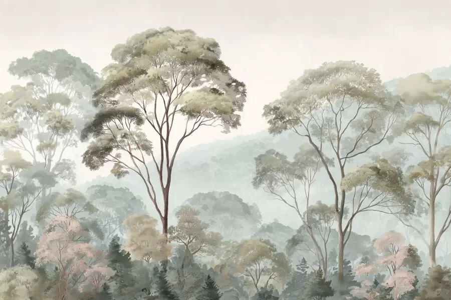 Fototapete Nebliger Morgen im Wald im Aquarellstil w09405