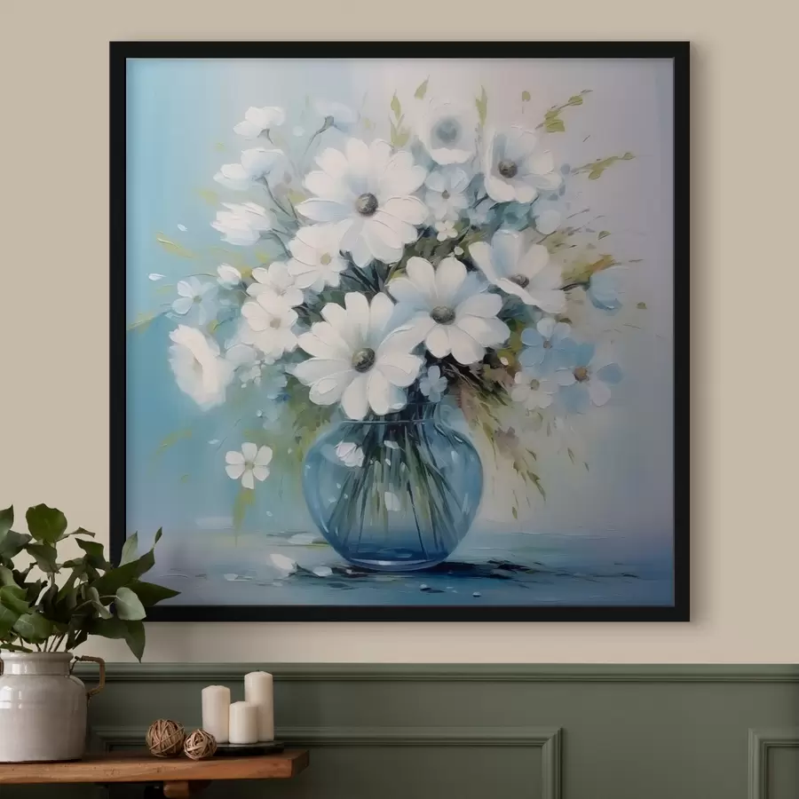 Fototapete Strauß Gänseblümchen in einer blauen Vase f45959