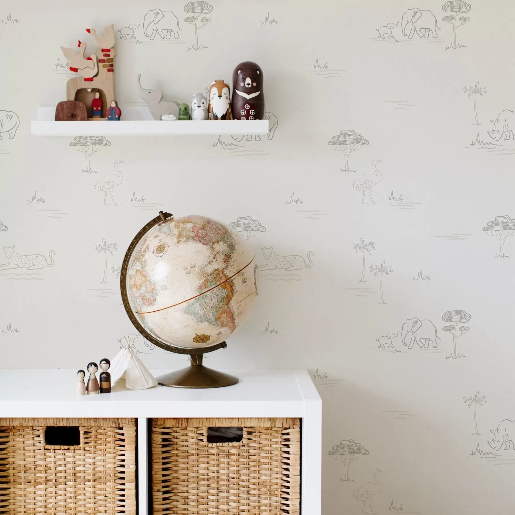 Fototapete Minimalistische Safari: Elefanten, Nashörner, Leoparden und Palmen a00492