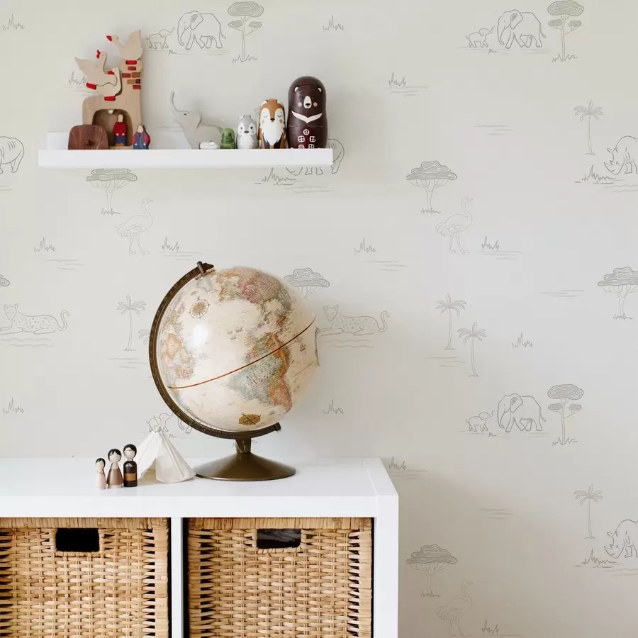 Fototapete Minimalistische Safari: Elefanten, Nashörner, Leoparden und Palmen a00492