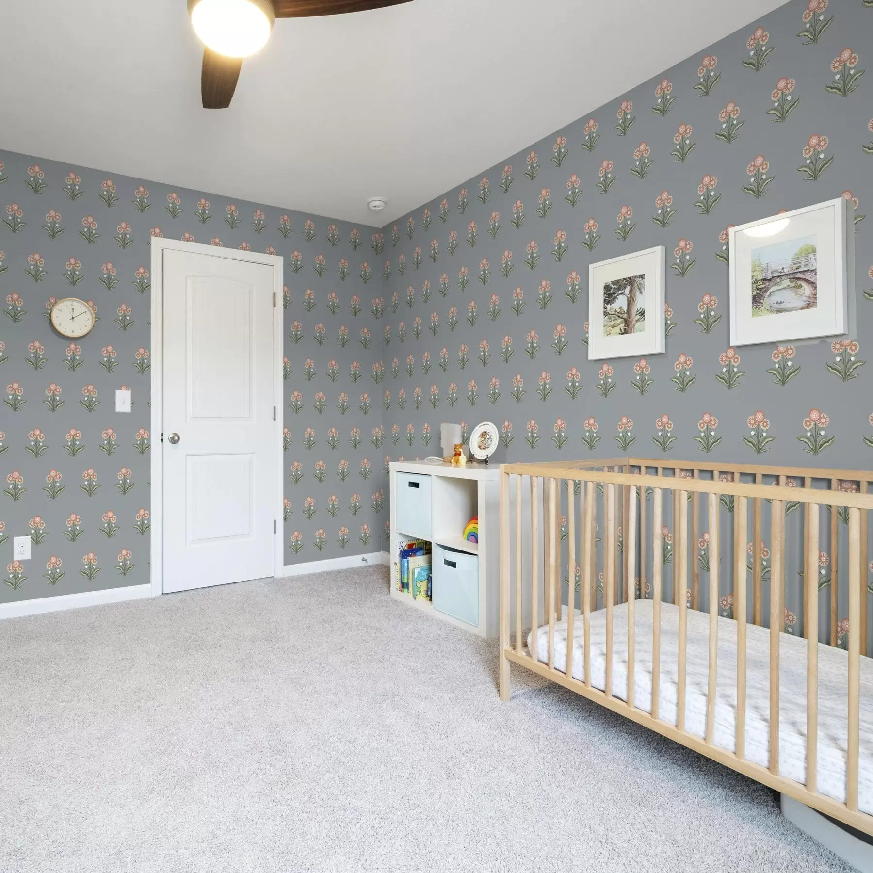 Fototapete Stilisierte Blumen auf grau-blauem Hintergrund, warme Farbpalette a00494