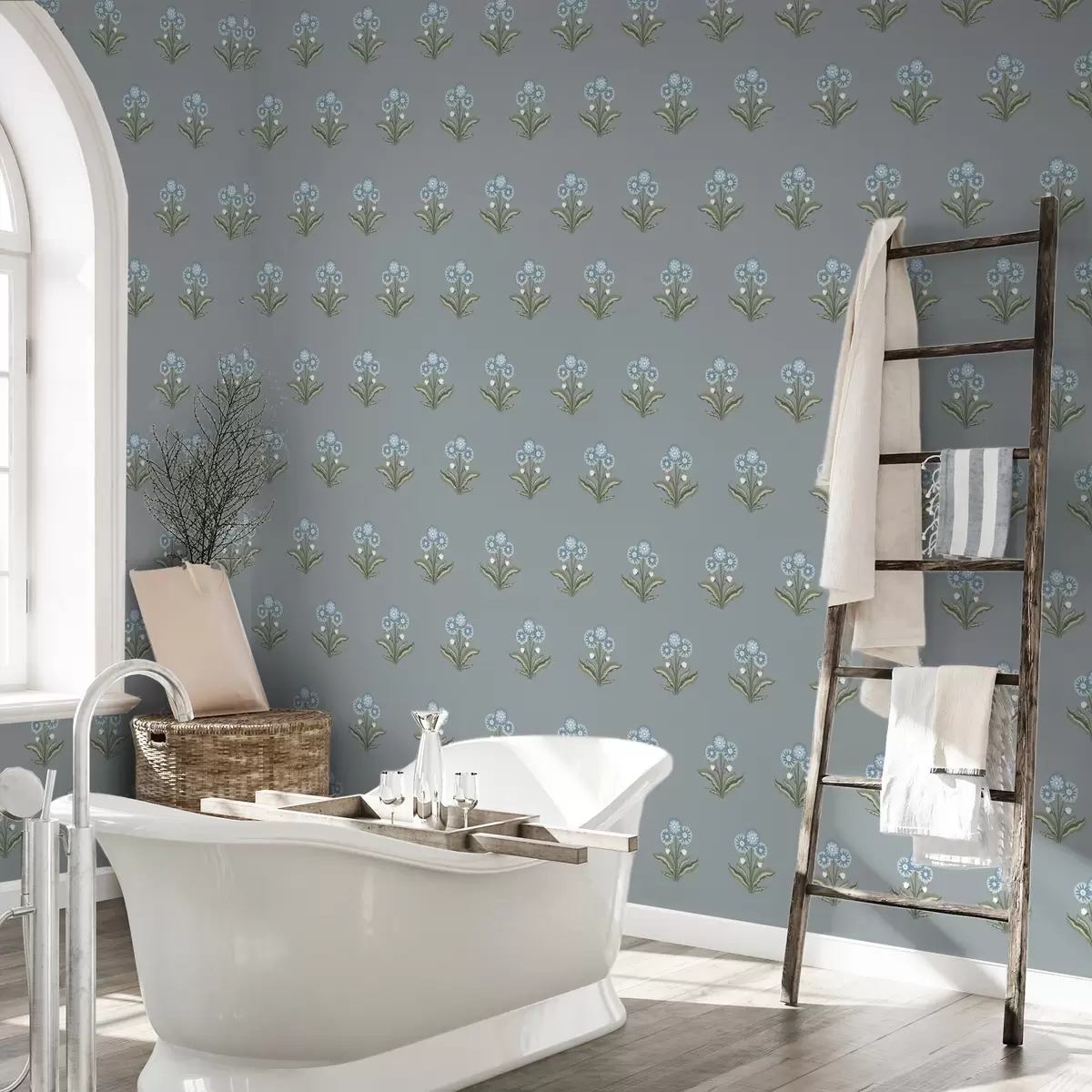 Tapete Stilisierte Blumen auf grau-blauem Hintergrund, kühle Farbpalette a00494v1