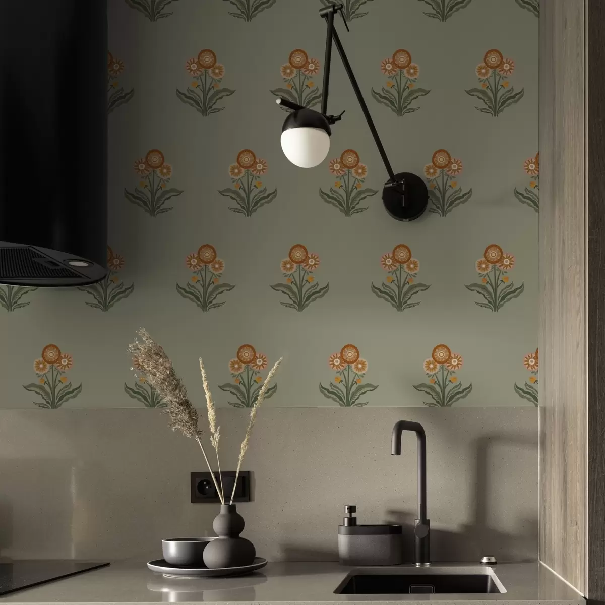 Tapete Stilisierte Blumen auf olivfarbenem Hintergrund, warme Farbtöne a00494v2