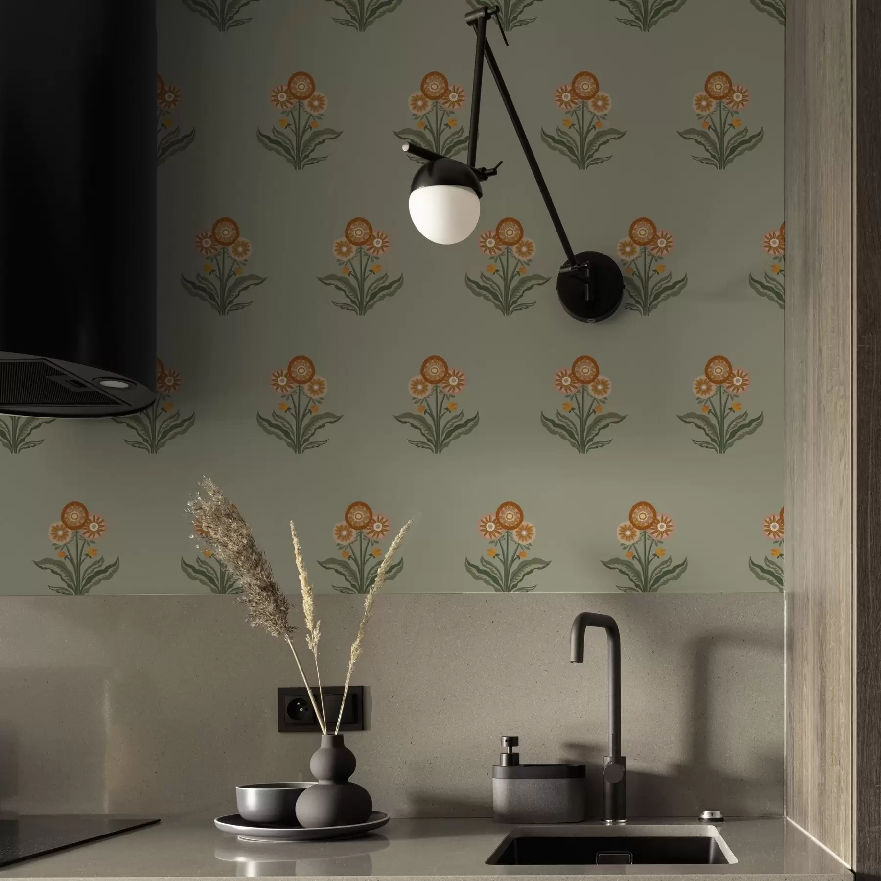 Fototapete Stilisierte Blumen auf olivfarbenem Hintergrund, warme Farbtöne a00494v2