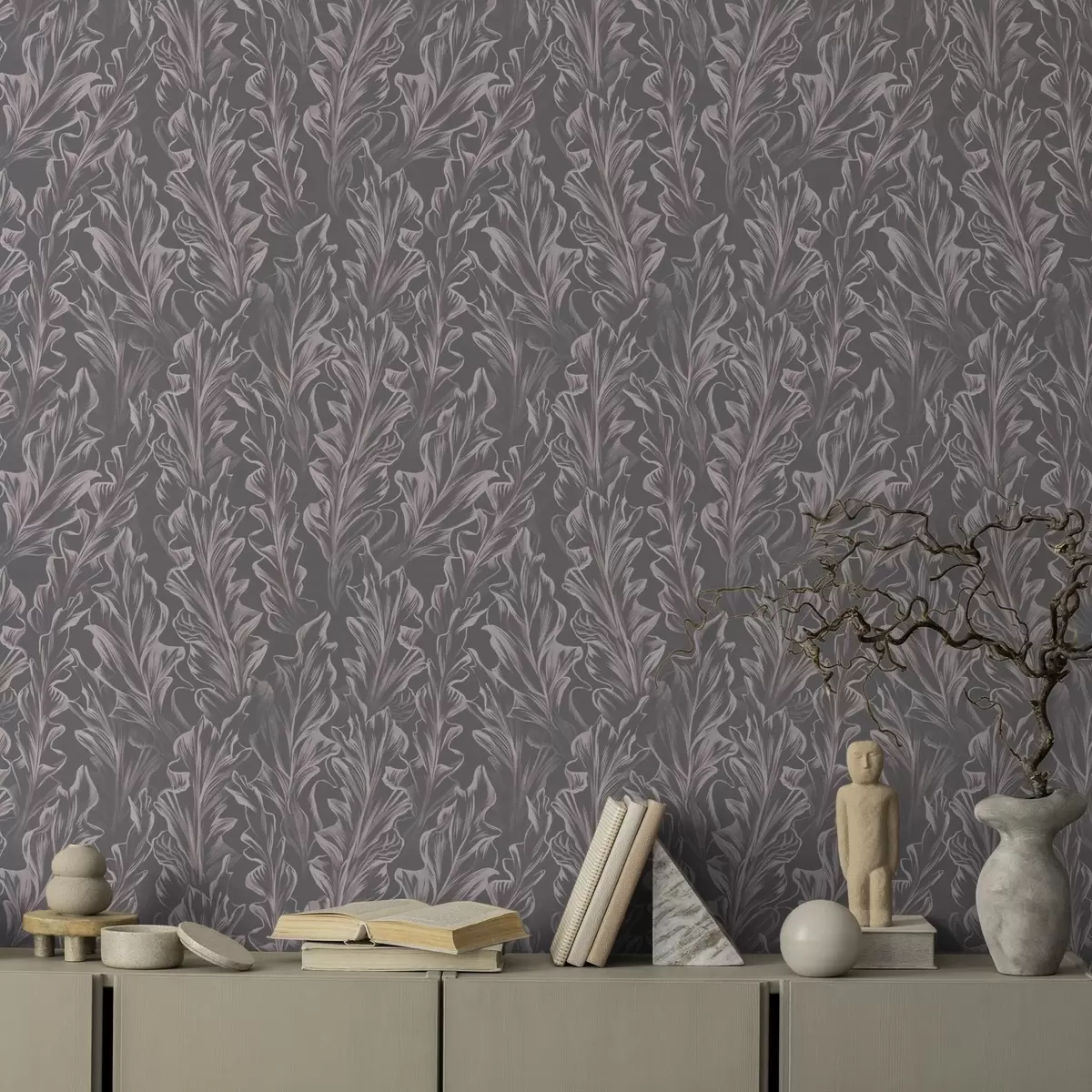 Tapete Fließende Blattwellen auf graphitfarbenem Hintergrund, hoher Kontrast a00495v1