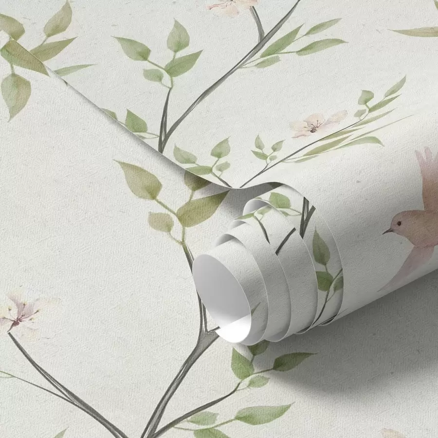 Fototapete Aquarellzweige mit Blättern und Vögeln auf hellem Hintergrund a00496