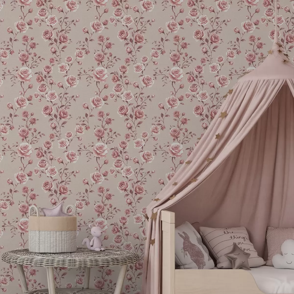 Tapete Pudrige Rosen auf Beige – Vintage-Muster a00497