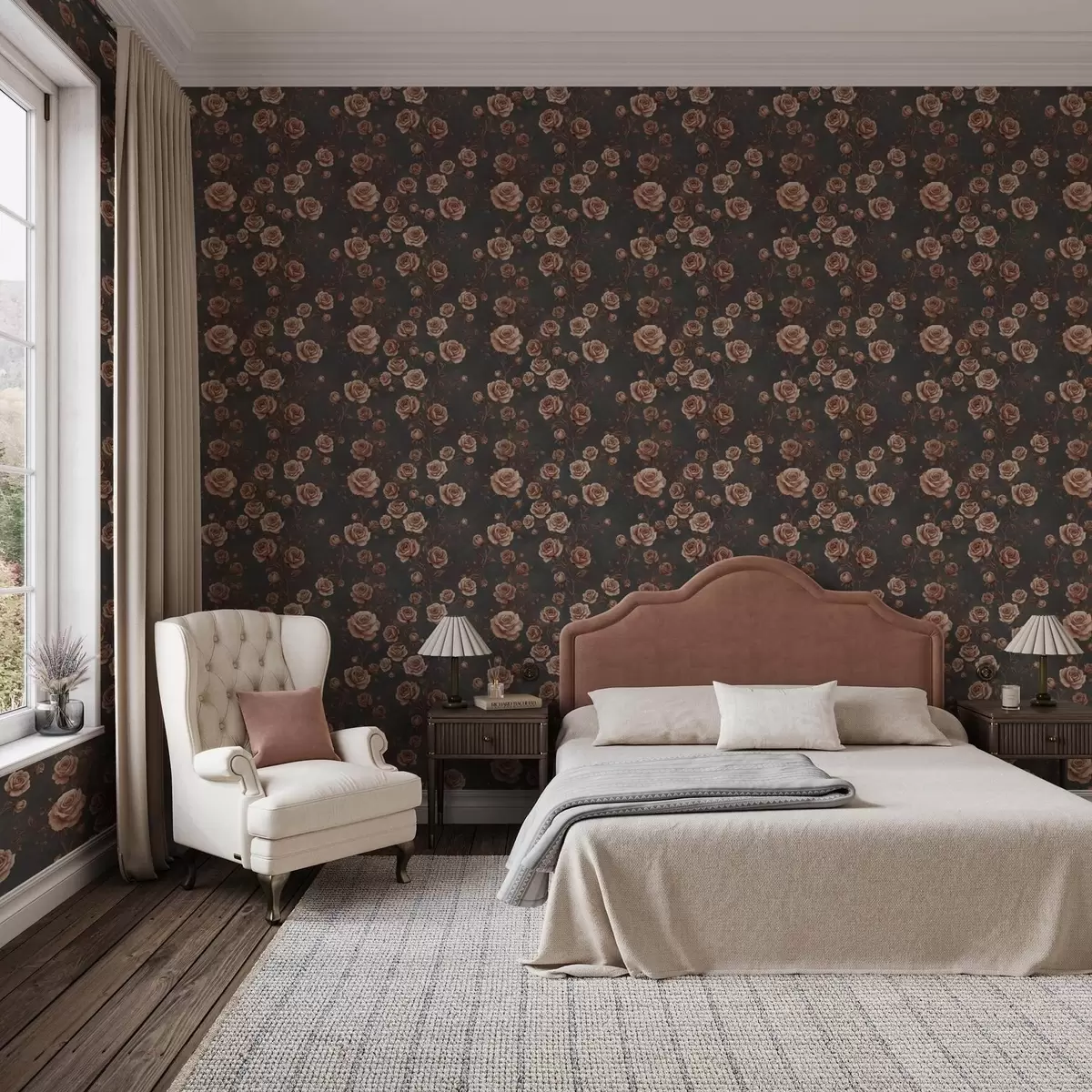Tapete Vintage-Rosen auf graphitfarbenem Hintergrund, Terrakotta-Farbpalette a00497v1