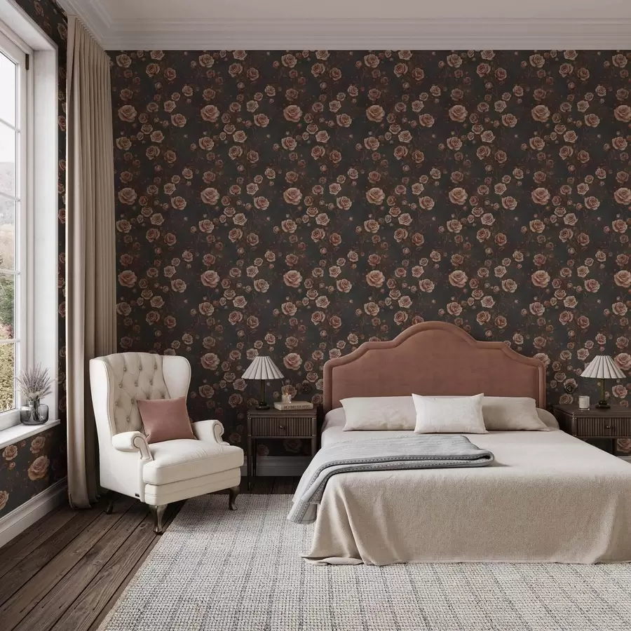 Fototapete Vintage-Rosen auf graphitfarbenem Hintergrund, Terrakotta-Farbpalette a00497v1