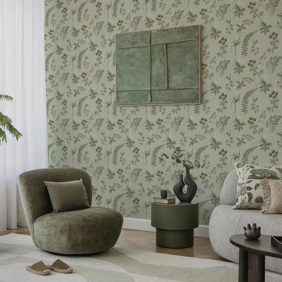 Tapete Botanische Gräser und Farne auf hellgrauem Grün a00498