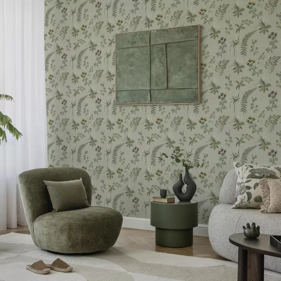 Fototapete Botanische Gräser und Farne auf hellgrauem Grün a00498