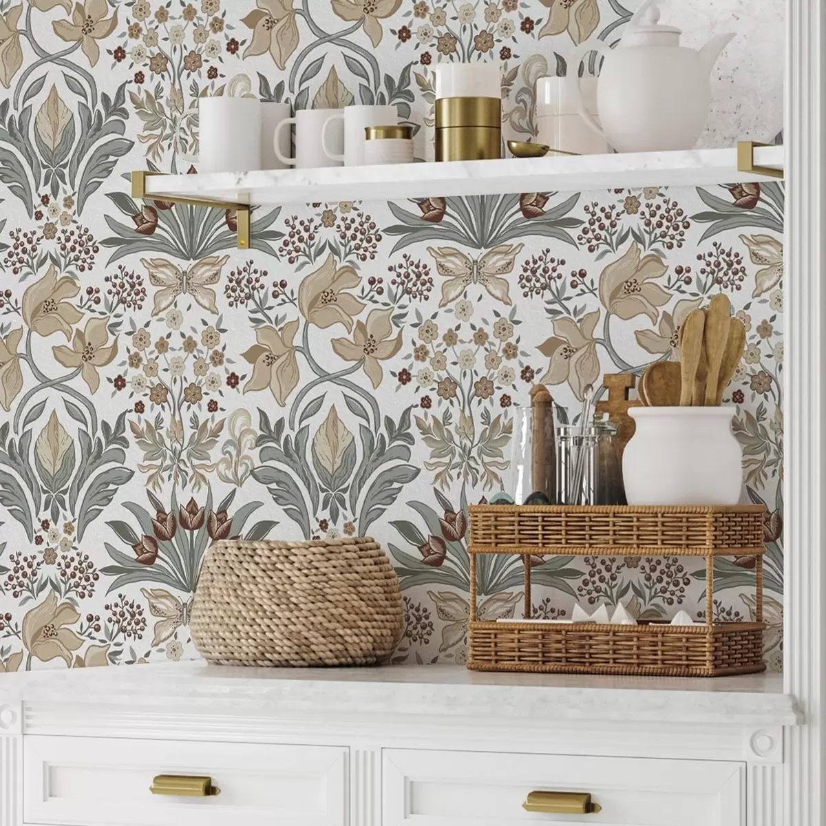 Tapete Dekorative Lilien und ein Schmetterling auf weißem Hintergrund a00500v1