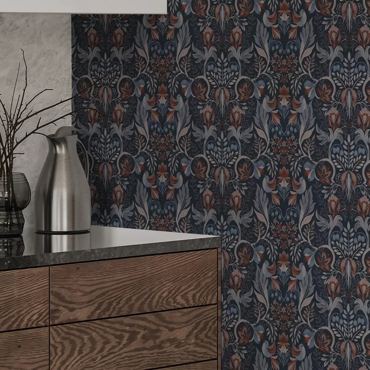 Tapete Volksornament mit Vögeln, tiefes Indigo a00502v1