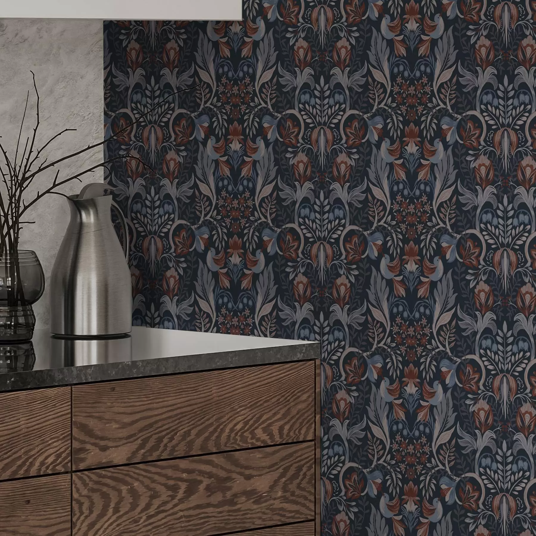 Fototapete Volksornament mit Vögeln, tiefes Indigo a00502v1