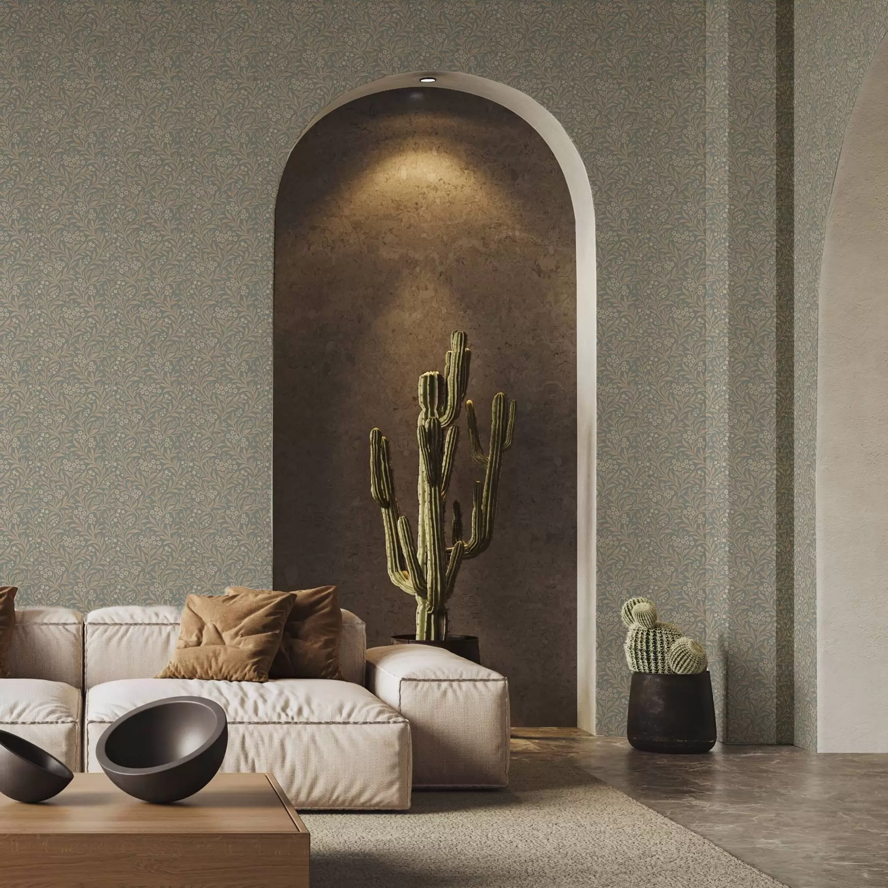 Fototapete Morris-Stil: beigefarbene Zweige auf graugrünem Hintergrund a00569