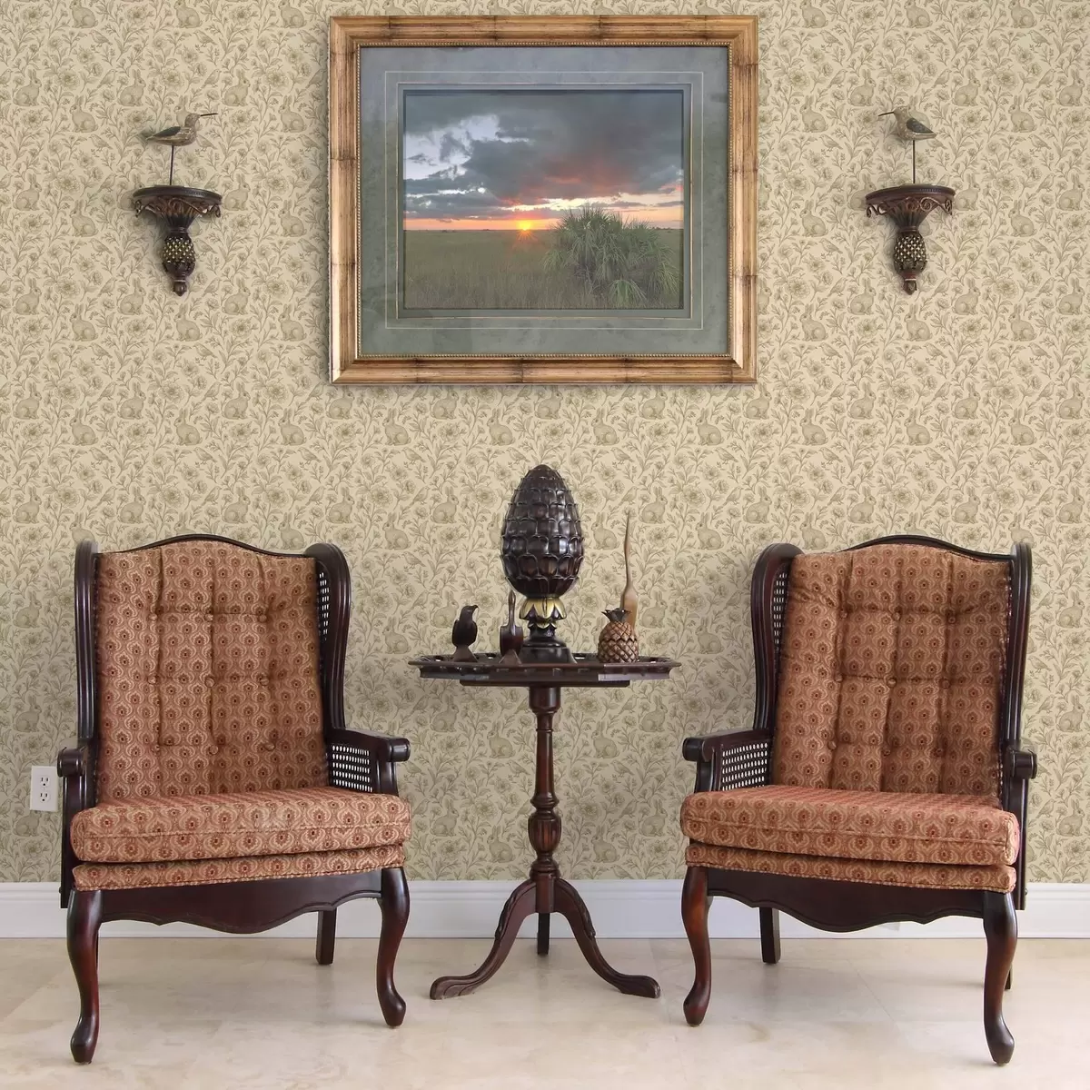 Tapete Kaninchen und Vögel in einem Blumenmuster a00571