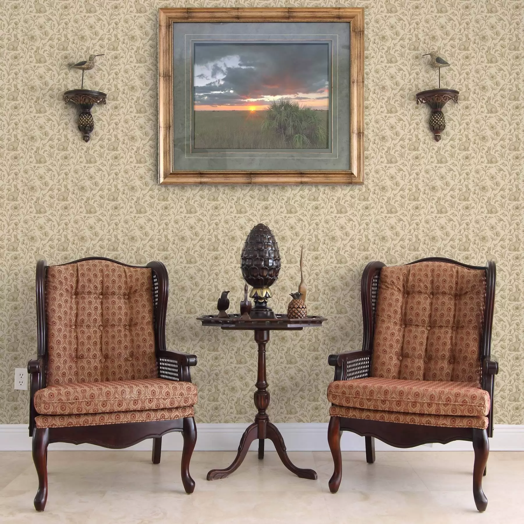 Fototapete Kaninchen und Vögel in einem Blumenmuster a00571