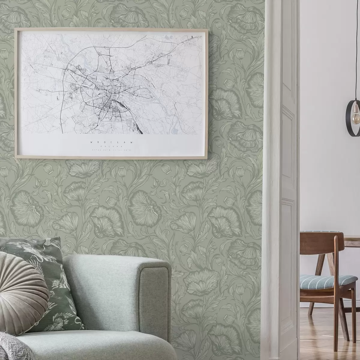 Tapete Strichzeichnungen von Mohnblumen auf grau-grünem Hintergrund a00572v1