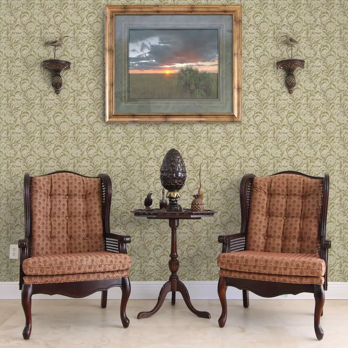 Tapete Vintage-Ornament mit Schnörkeln und Blumen, beige und olivgrün a00574