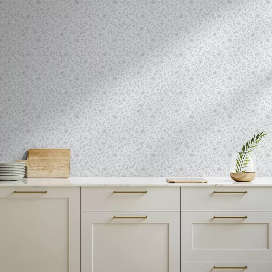 Fototapete Feine blaue Blumen in Strichzeichnung auf cremefarbenem Hintergrund a00576