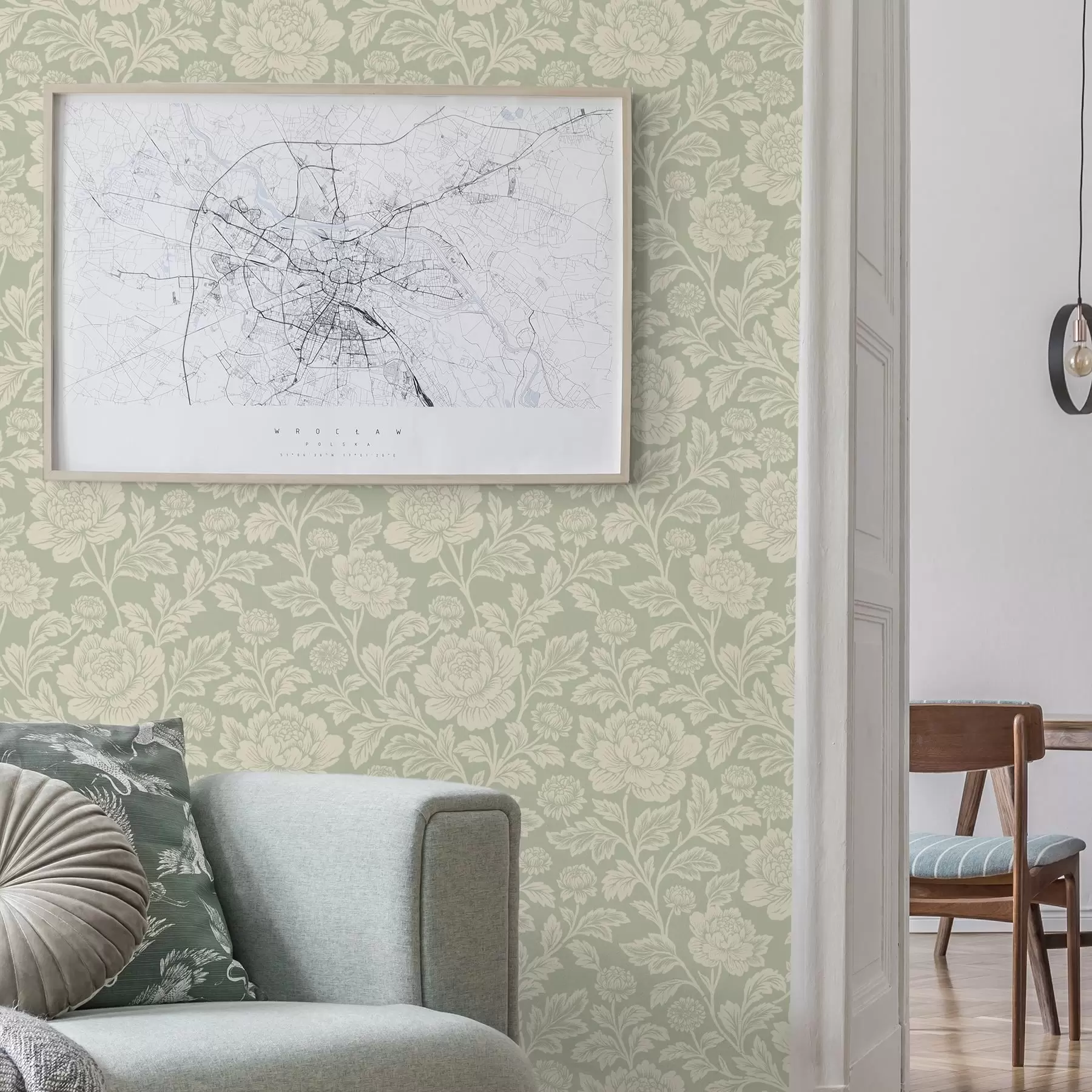 Fototapete Große Strichzeichnungen von Pfingstrosen auf salbeifarbenem Hintergrund a00582