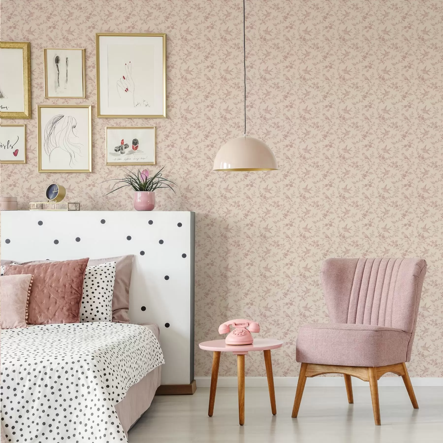 Fototapete Vögel und Rosen, Vintage-Muster auf puderrosa a00587