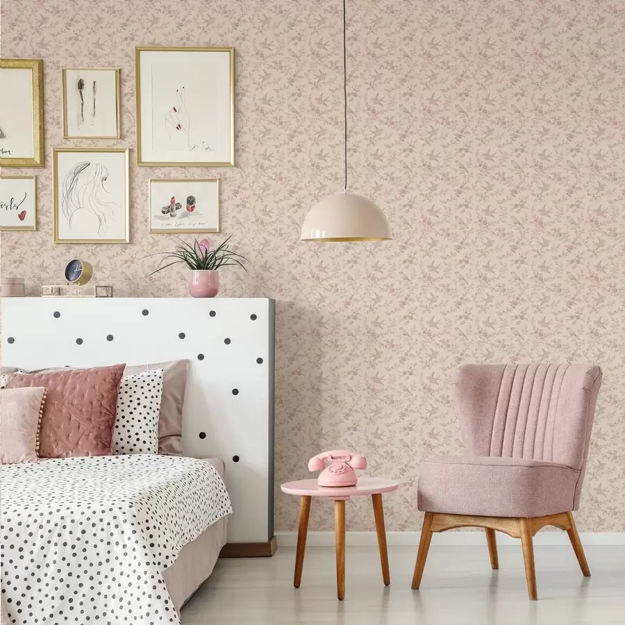 Fototapete Vögel und Rosen, Vintage-Muster auf puderrosa a00587