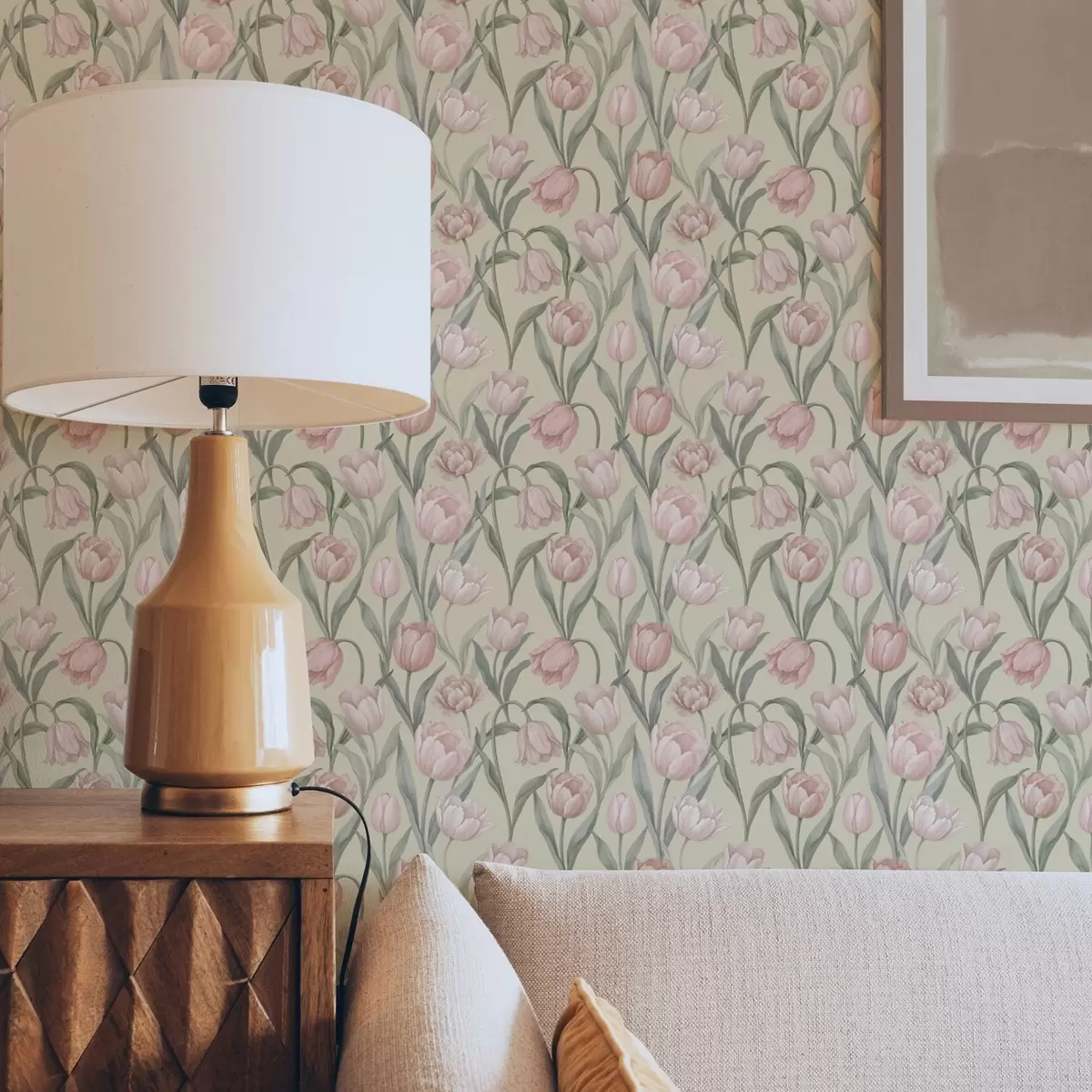 Tapete Zartrosa Tulpen auf einem sanften beigen Hintergrund a00589