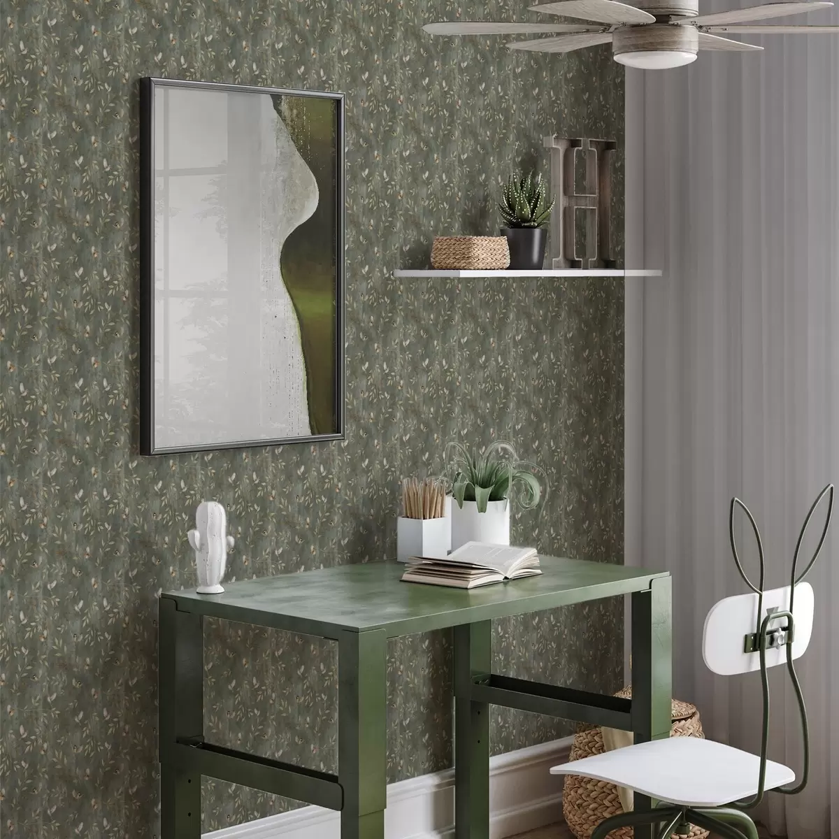 Tapete Vögel in orangefarbenem Laub vor tiefgrünem Hintergrund a00591