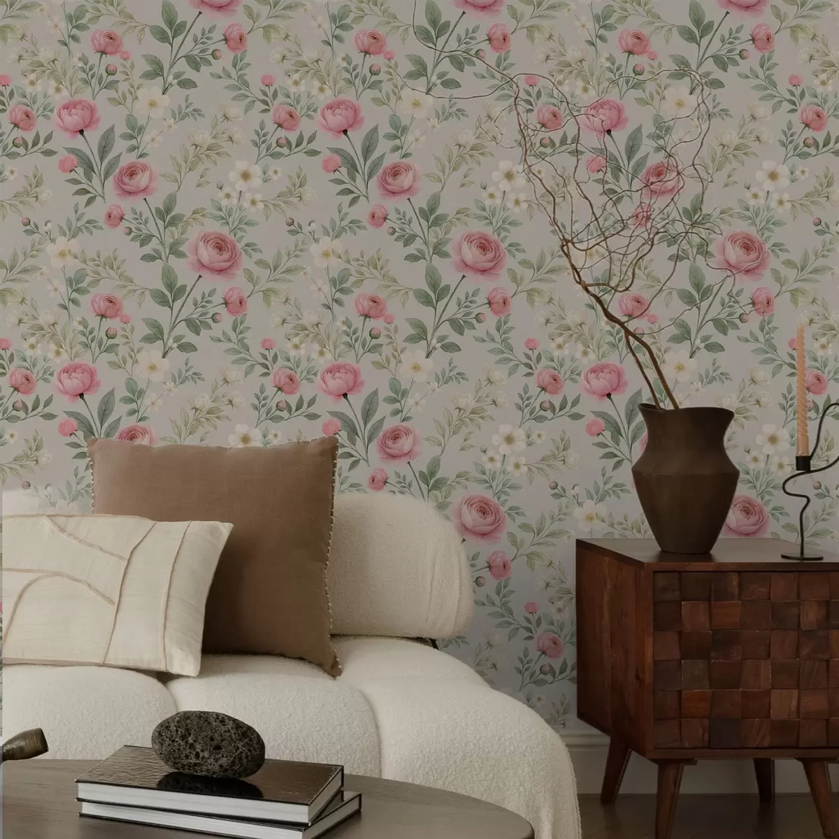 Tapete Aquarell-Pfingstrosen und weiße Blumen auf grau-beigem Hintergrund a00592