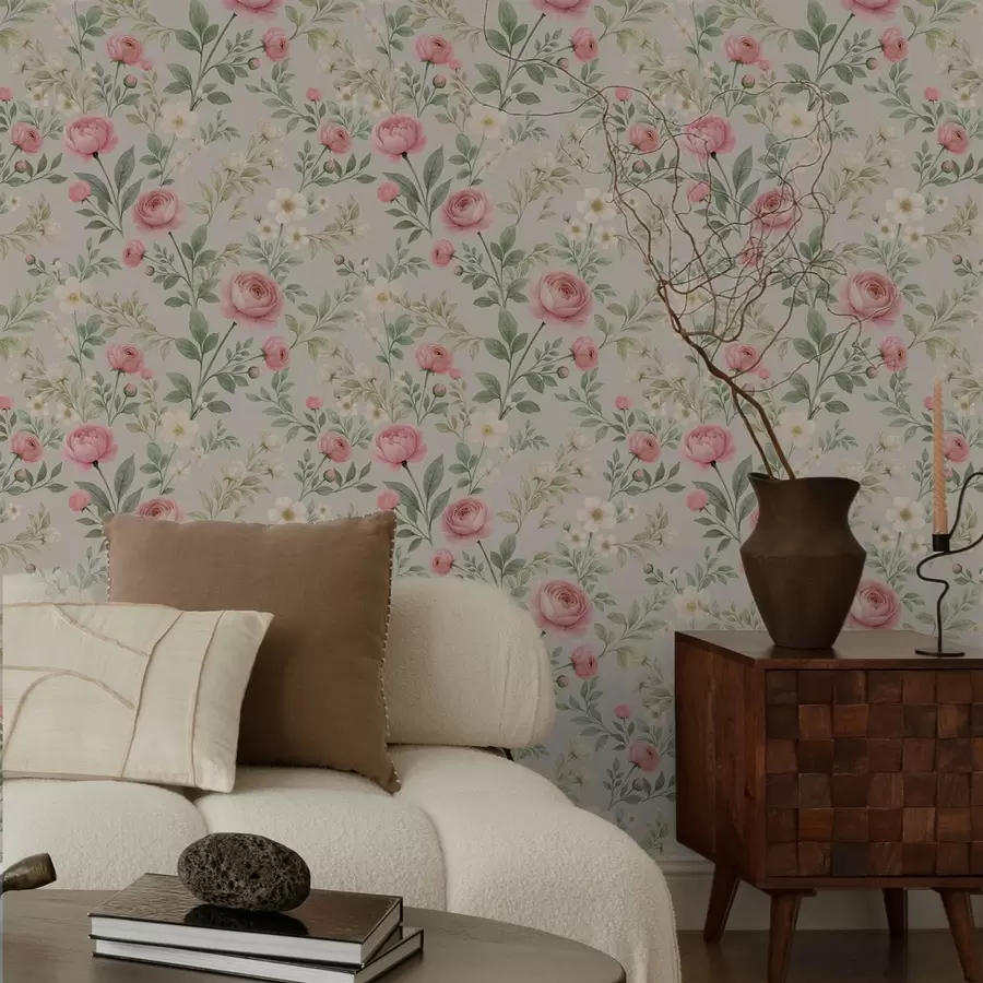 Fototapete Aquarell-Pfingstrosen und weiße Blumen auf grau-beigem Hintergrund a00592