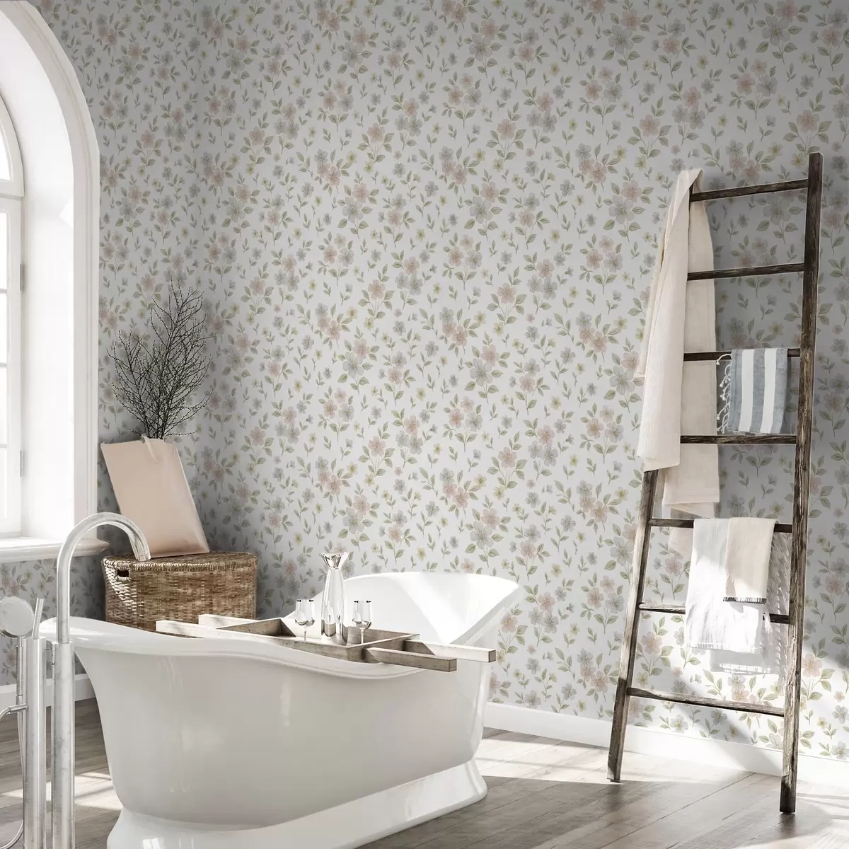 Tapete Kleine Aquarellblumen in Pastelltönen auf weißem Hintergrund a00596v1