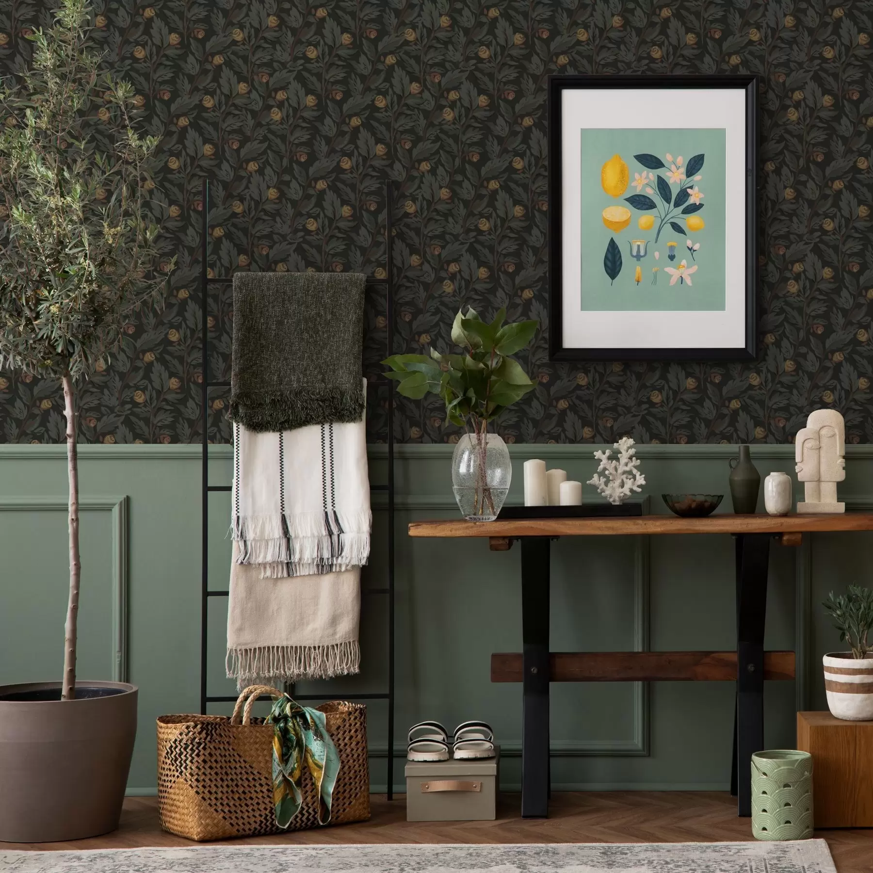 Fototapete Dunkles Blumenmuster mit gelben Knospen und Blättern a00598