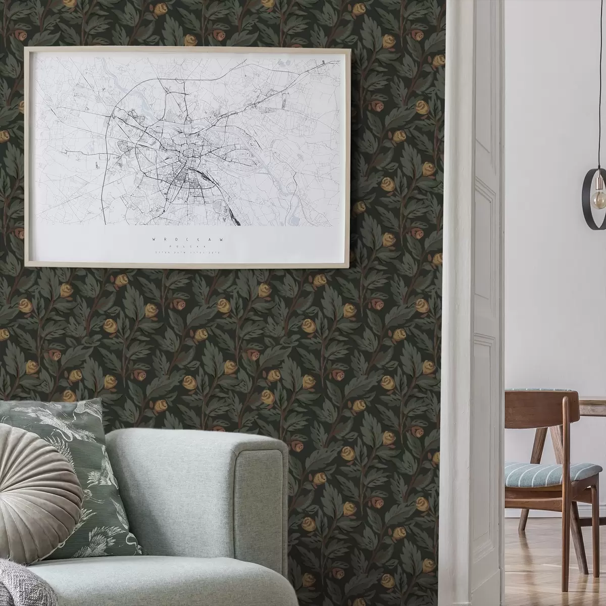 Tapete Dunkles Blumenmuster mit gelben Knospen und Blättern a00598