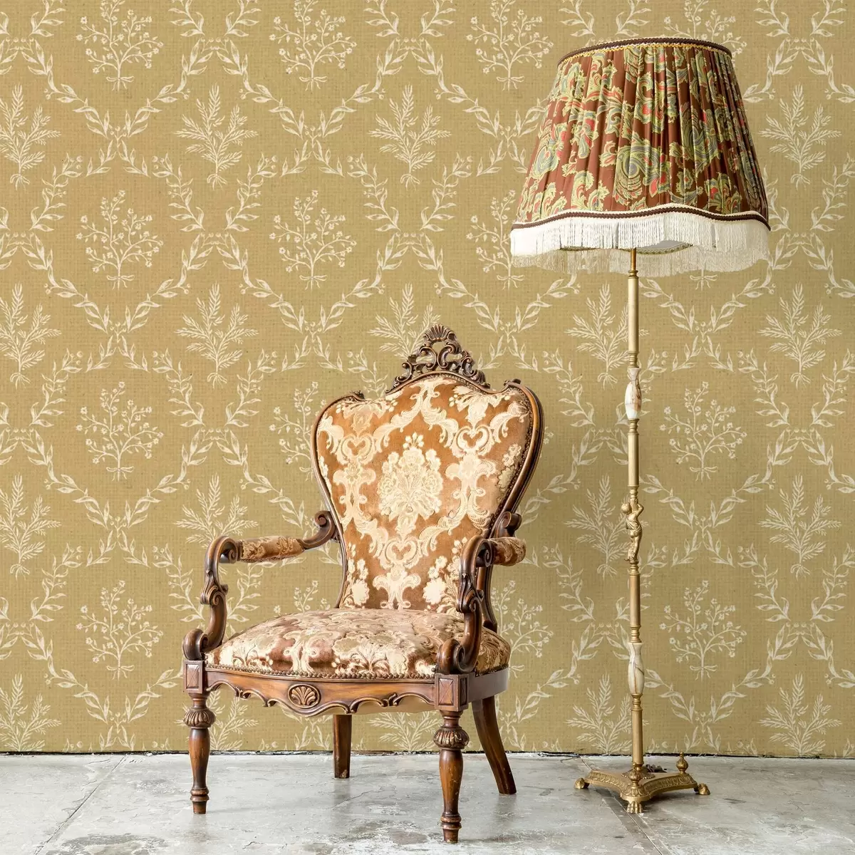 Tapete Weiße Kränze aus Kräutern und Blumen auf senffarbenem Hintergrund a00599