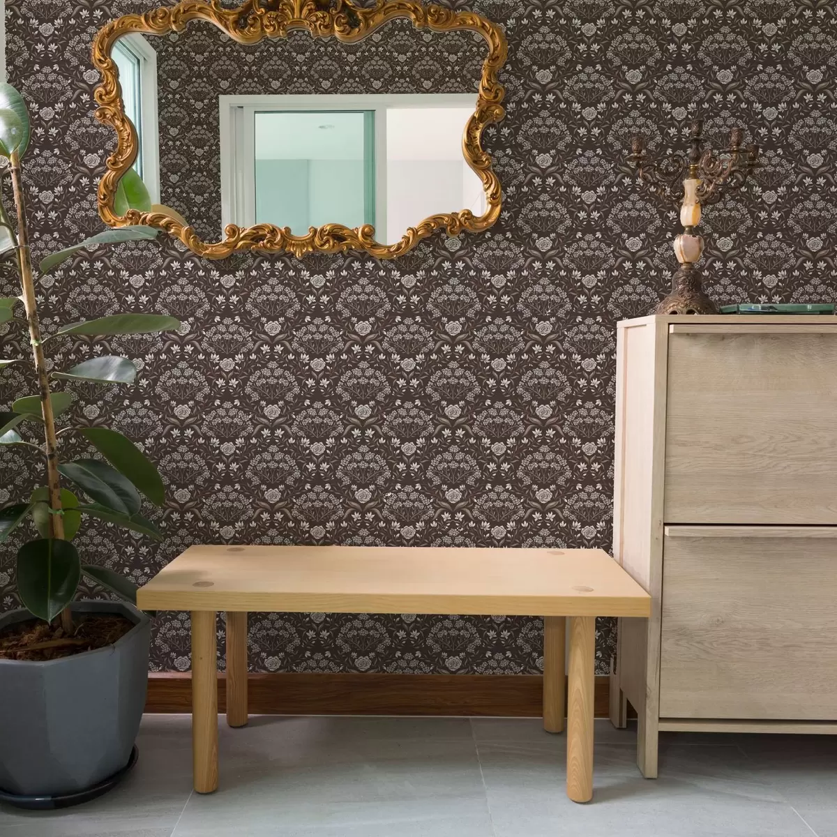 Tapete Dunkle Schokolade mit Pfingstrosen und Schneeglöckchen a00603v2