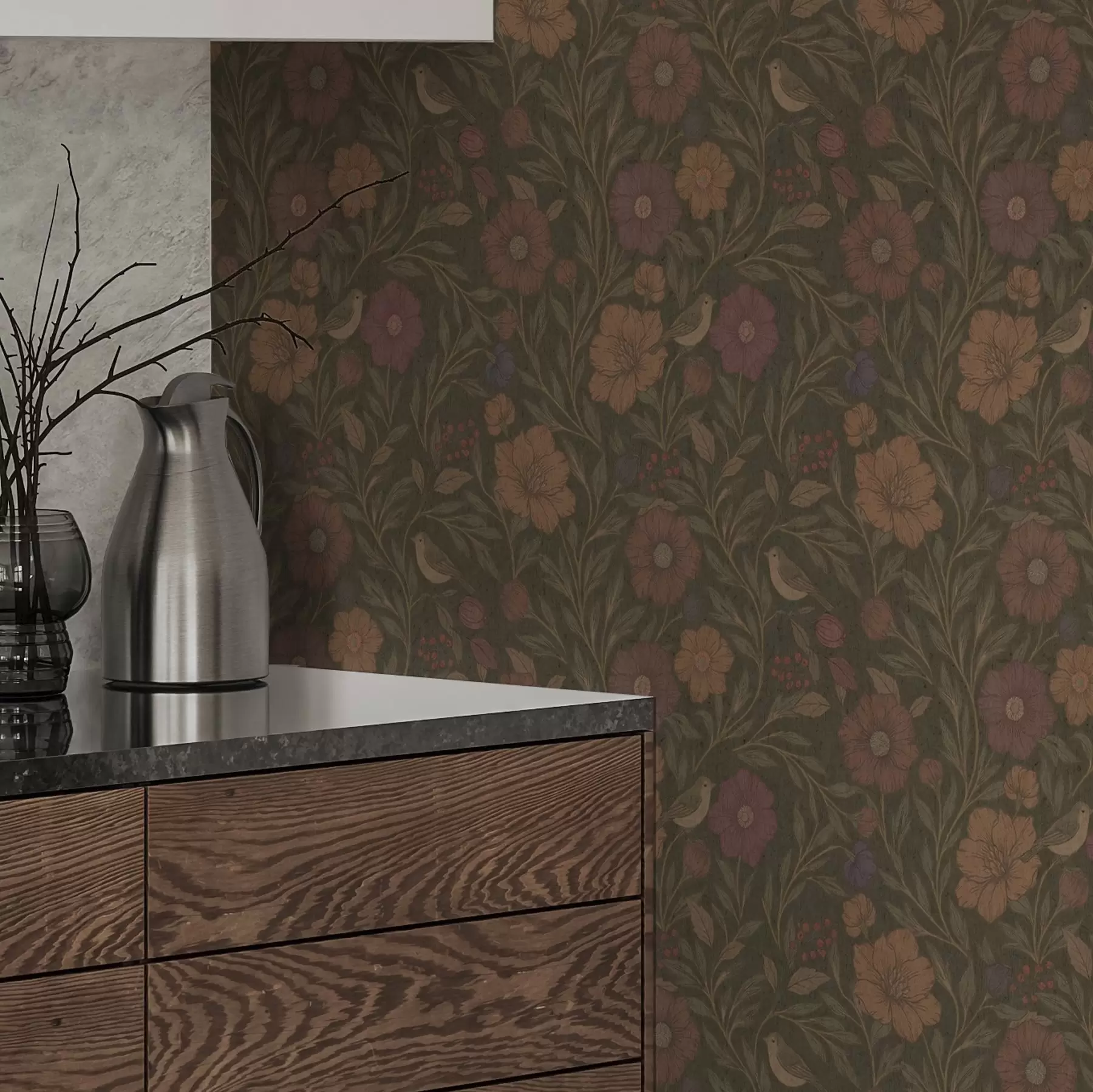 Fototapete Herbstblumen und Vögel auf olivbraunem Hintergrund a00605