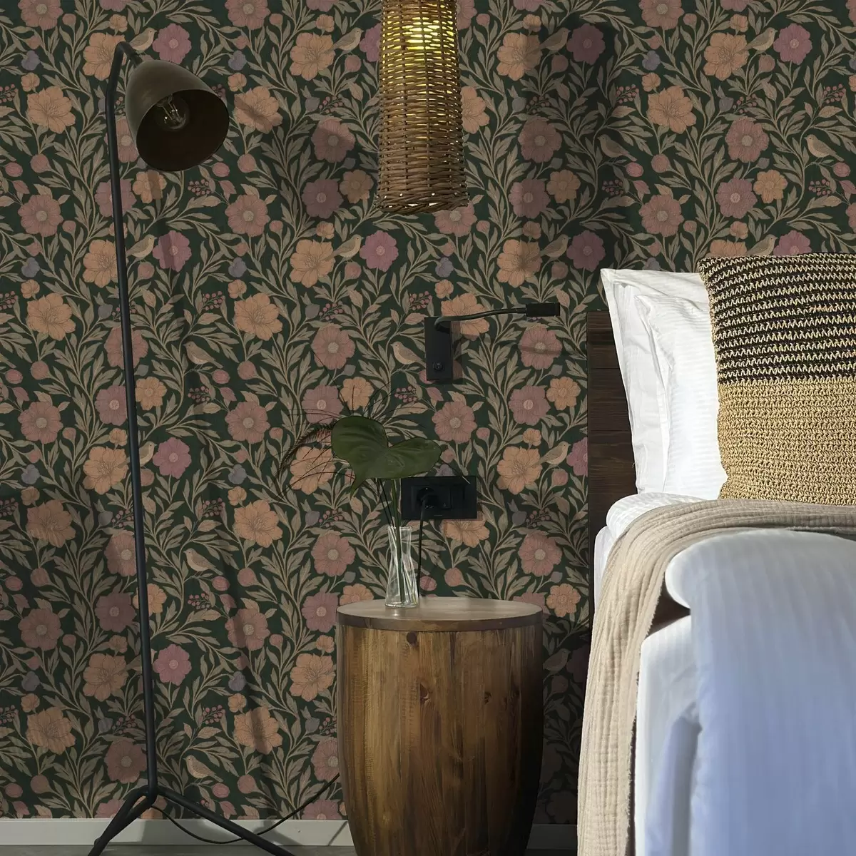 Tapete Herbstblumen und Vögel auf tiefem smaragdgrünem Hintergrund a00605v1