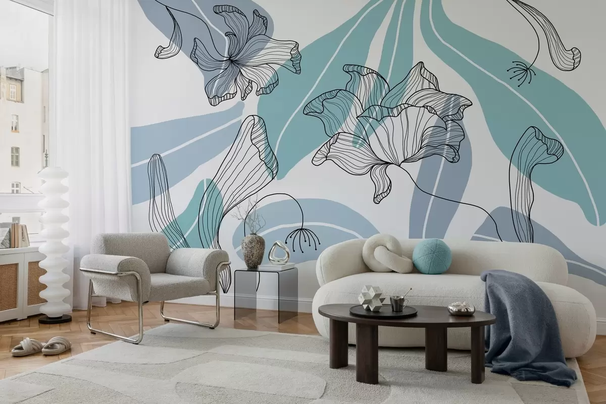 Fototapete abstrakte Blätter und Blumen in Blautönen w04499v2