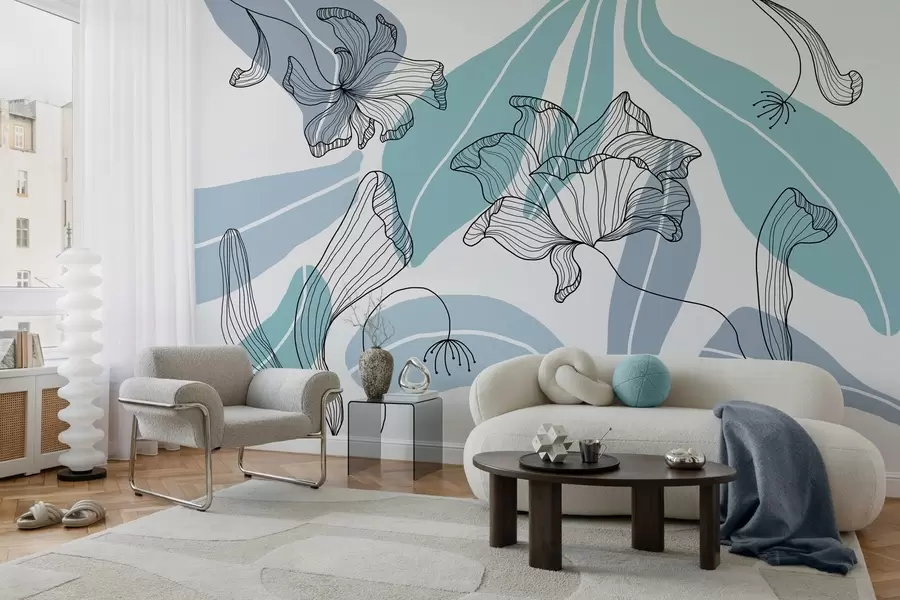 Fototapete abstrakte Blätter und Blumen in Blautönen w04499v2