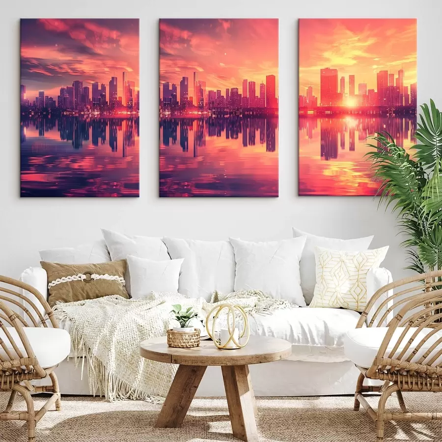 Wandbilder Romantischer Sonnenuntergang mit einer modernen Stadt im Hintergrund m00784