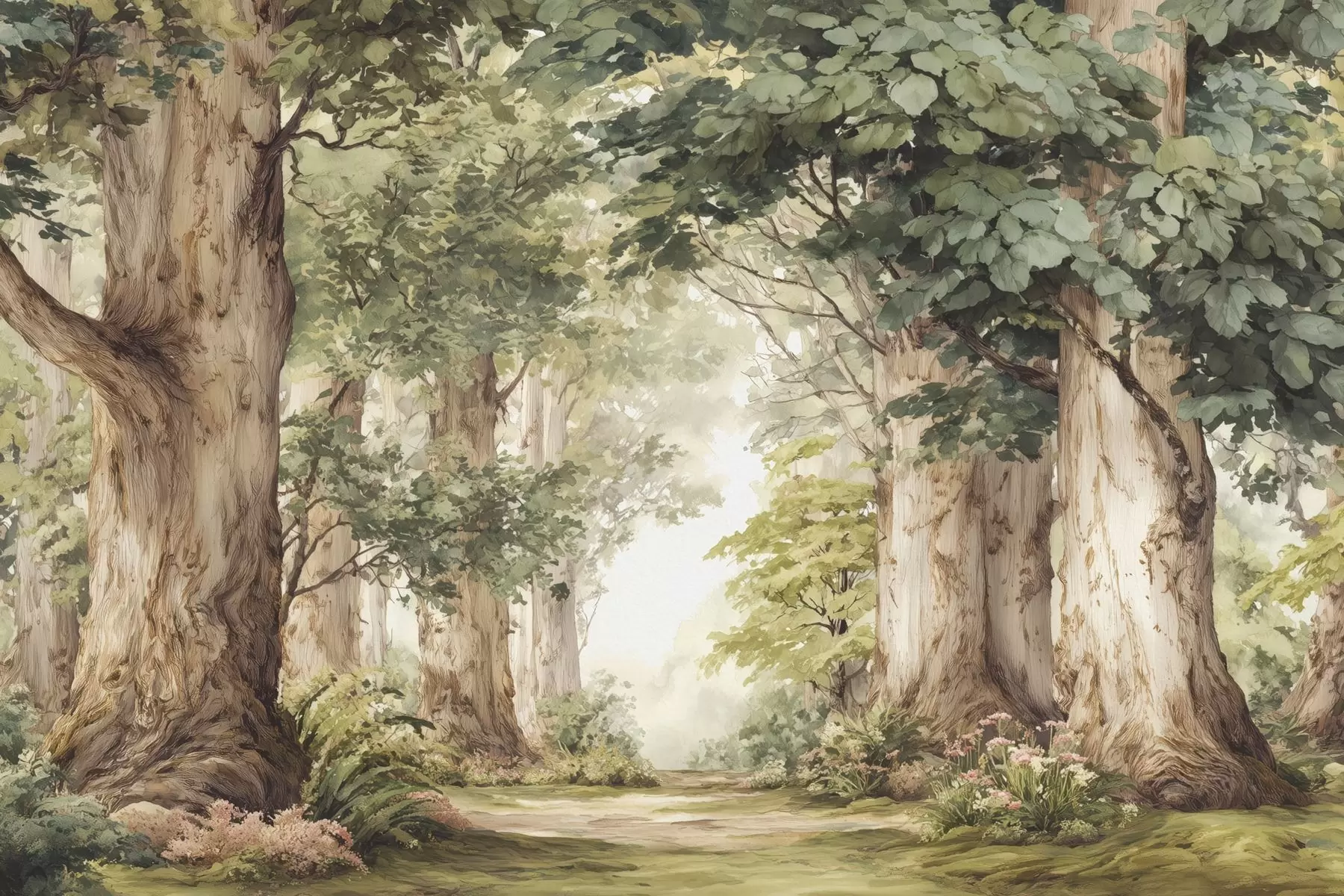 Fototapete Waldweg zwischen majestätischen Bäumen im Aquarellstil w09404