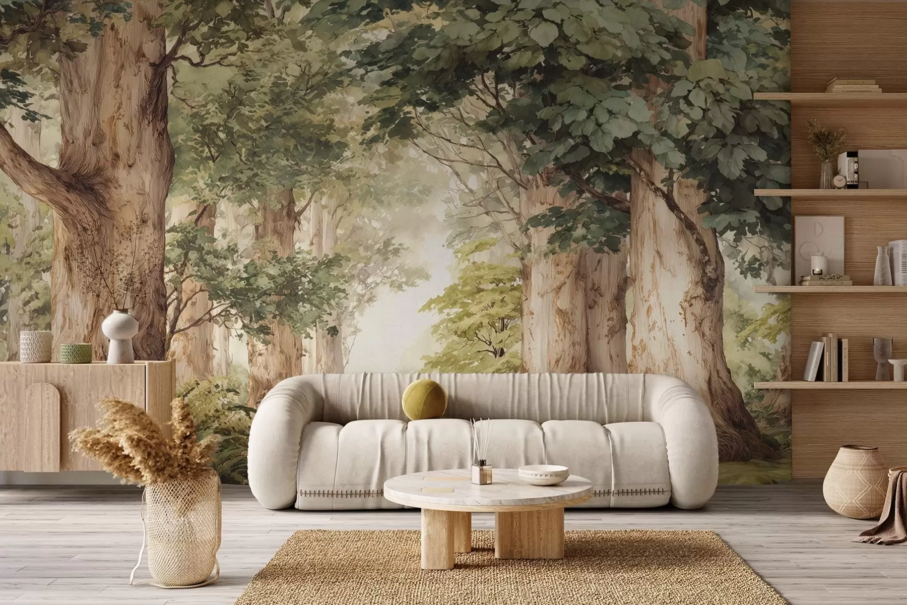 Fototapete Waldweg zwischen majestätischen Bäumen im Aquarellstil w09404