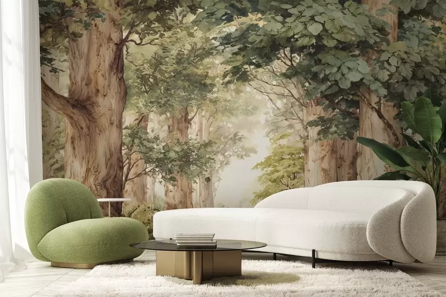 Fototapete Waldweg zwischen majestätischen Bäumen im Aquarellstil w09404